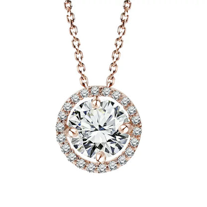 18k rose Gold Solitaire 1.25 Carat Round Cut Halo Pendant Necklace