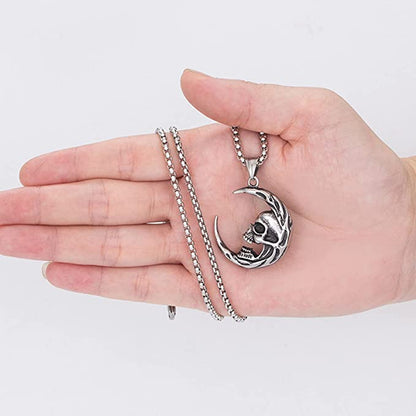 Skull Necklace Moon Pendant Gothic Jewelry Silver Punk Crescent Biker Men Stainless Steel Women Chain Moth 24 Raven 925 Sterling