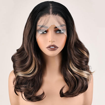 13x6 lace front wig, HD lace wig, 18 inch body wave wig, glueless synthetic wig, pre-plucked wig, tiny knots wig, natural hairline wig, body wave bob wig, high temperature fiber wig, wigs for Black women, brown mix blonde highlight wig
