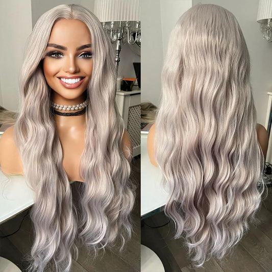 half hand tied lace front wig, ombre purple wig, long wavy synthetic wig, 22 inch lace wig, heat resistant wig, adjustable strap wig, swiss lace wig, purple lace front wig, natural hairline synthetic wig, medium cap wig
