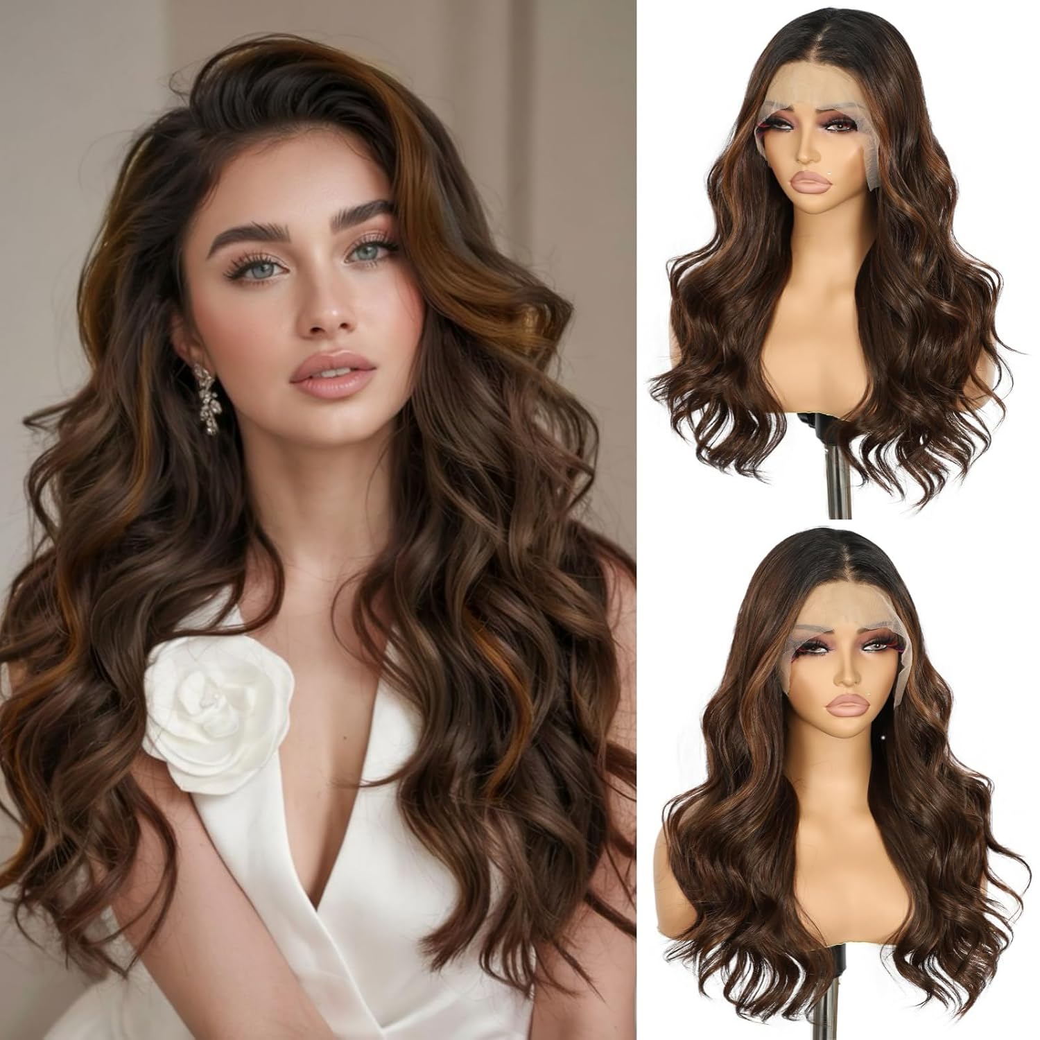 7Highlight Brown Wavy Lace Front Wigs Synthetic