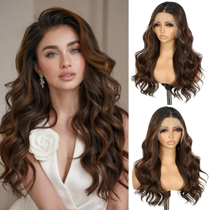 7Highlight Brown Wavy Lace Front Wigs Synthetic
