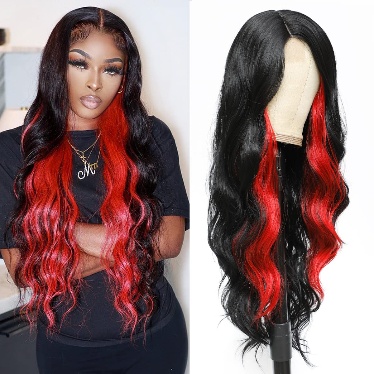 Black With Red Wig,Highlight Wig,Side Part Lace Wig,Black Highlights Red Long Wavy Wig,Cosplay Red And Black Wig,Black Wig Red Streaks

