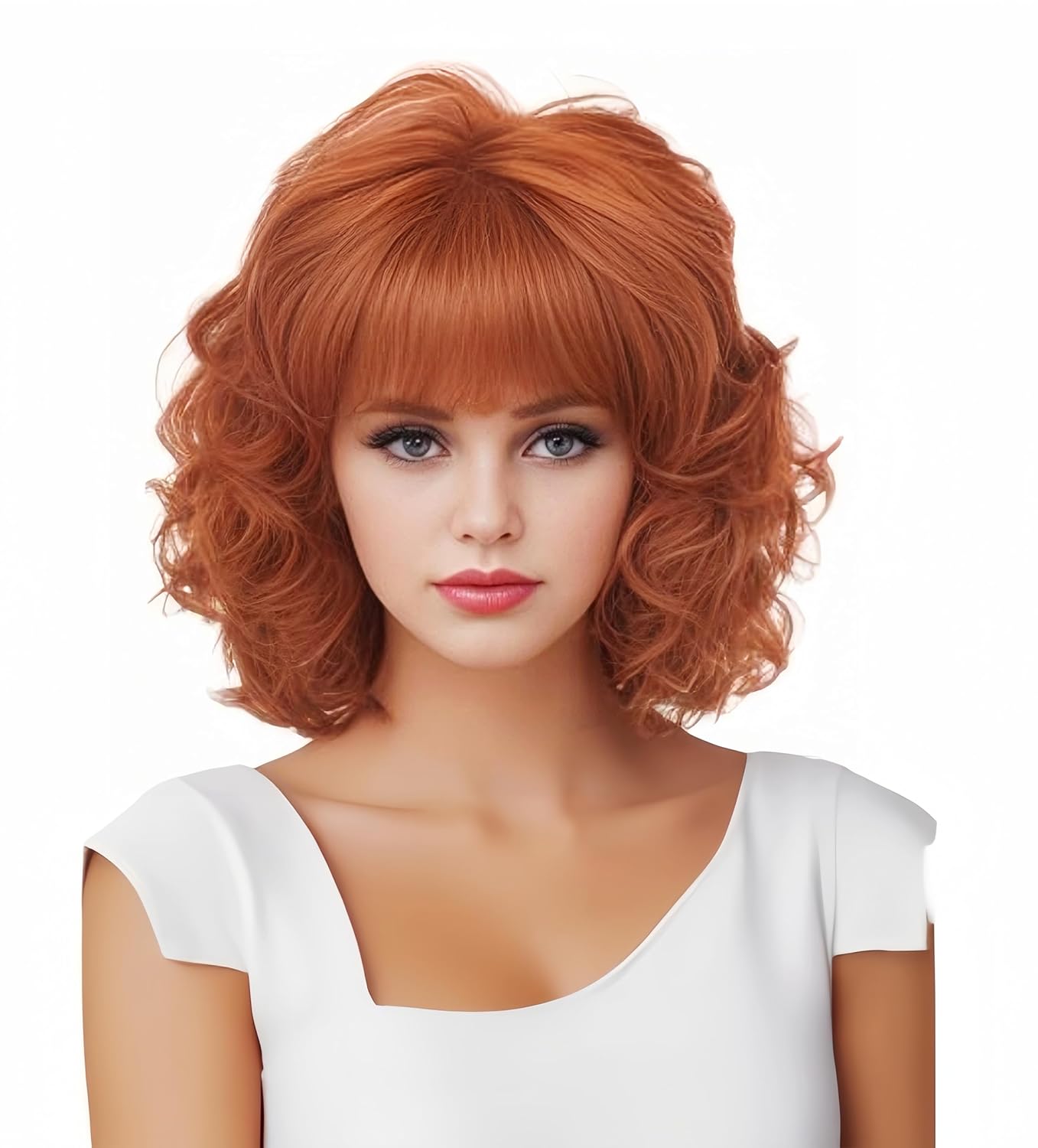 short curly wig, copper red wig, synthetic wig for women, shoulder-length curly wig, adjustable wig, cosplay wig, Halloween wig, daily wear wig, middle part wig, fashion wig,Short Curly Wig – Copper Red Synthetic Middle Part Wig for Women