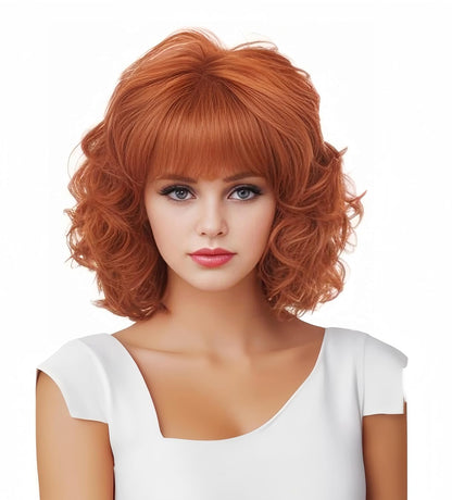 short curly wig, copper red wig, synthetic wig for women, shoulder-length curly wig, adjustable wig, cosplay wig, Halloween wig, daily wear wig, middle part wig, fashion wig,Short Curly Wig – Copper Red Synthetic Middle Part Wig for Women