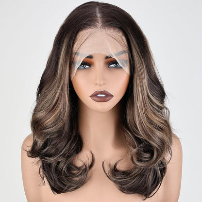 13x6 lace front wig, HD lace wig, 18 inch body wave wig, glueless synthetic wig, pre-plucked wig, tiny knots wig, natural hairline wig, body wave bob wig, high temperature fiber wig, wigs for Black women, brown mix blonde highlight wig