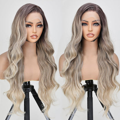 ombre blonde balayage wig, balayage lace front wig, ombre blonde synthetic wig, long wavy balayage wig for women
