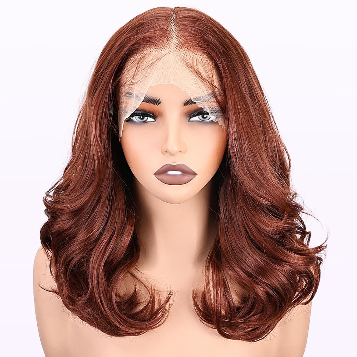 13x6 lace front wig, HD lace wig, 18 inch body wave wig, glueless synthetic wig, pre-plucked wig, tiny knots wig, natural hairline wig, body wave bob wig, high temperature fiber wig, wigs for Black women, brown mix blonde highlight wig