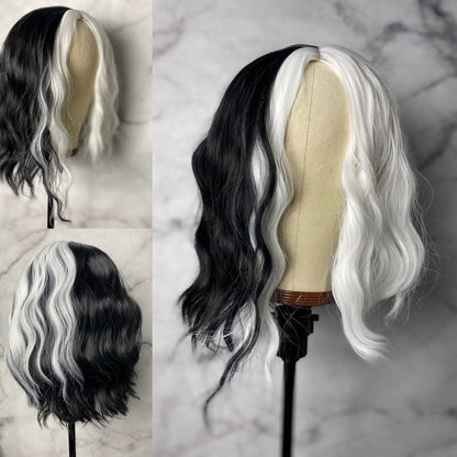 Cruella De Vil Hair Wig,Split Dye Wig,Black Wig With White Wigs,Short Wavy Wig,Black & White Wigs,Short Bob Wig,White Black Costume Wig

