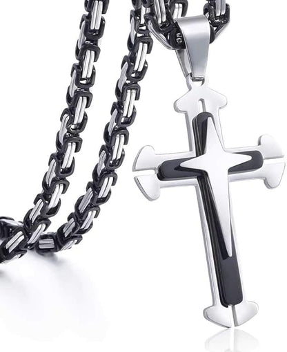 Black & Silver Cross Necklace For Men