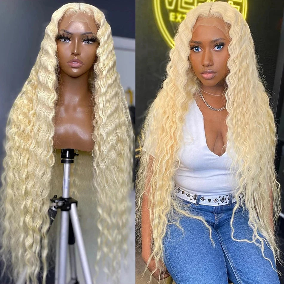 Brazilian deep wave 13x6 hd lace frontal human hair wig for women 30 40 inch 613 honey blonde curly cheap wigs