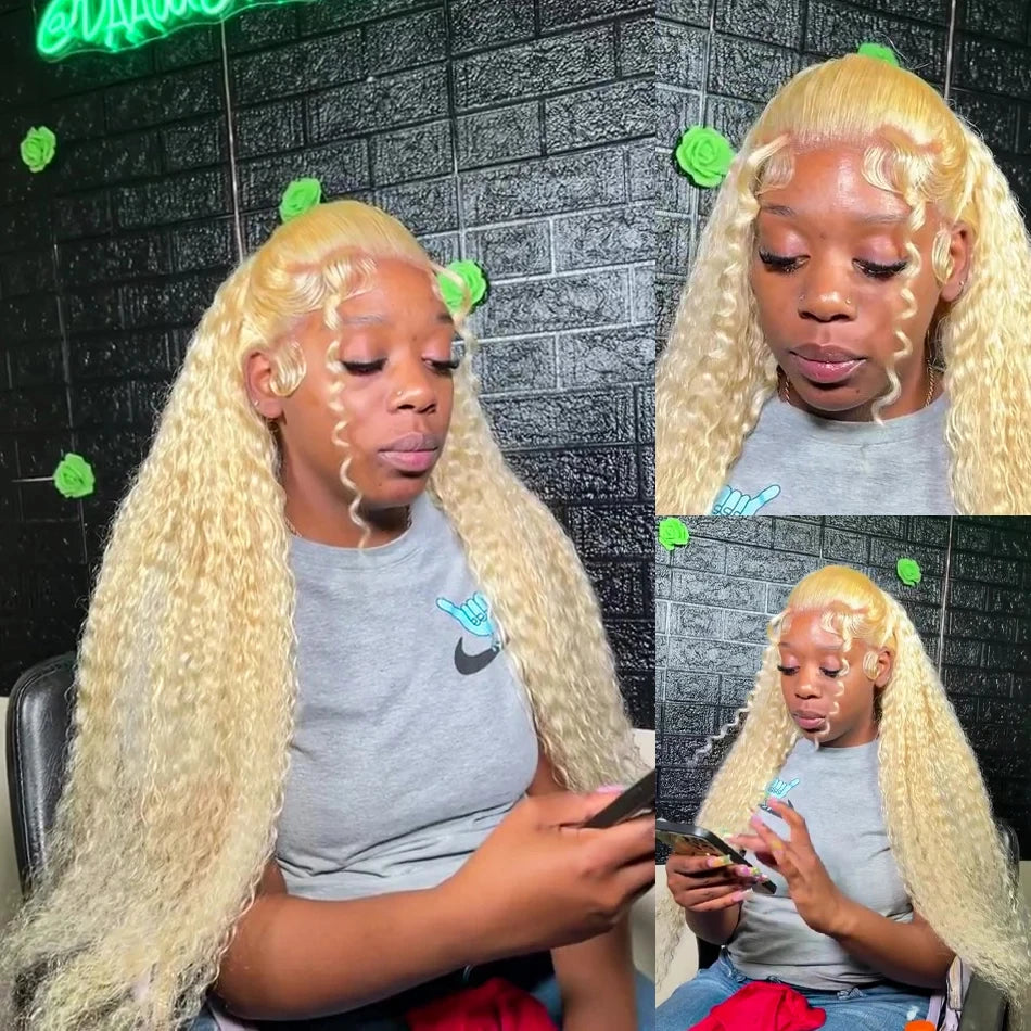 Brazilian deep wave 13x6 hd lace frontal human hair wig for women 30 40 inch 613 honey blonde curly cheap wigs