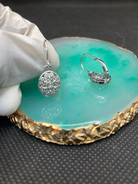 Accented Filigree Oval Earrings,Dangle Sterling Silver,Leverback Drop,Minimalist Dangly Earrings