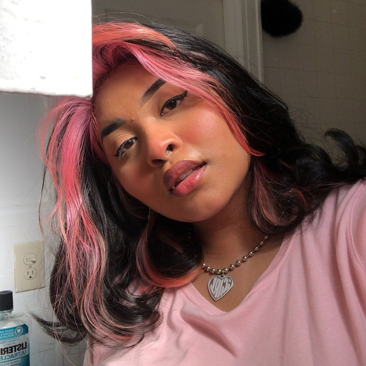 Black Wig and Pink Highlights,Short Wavy Wig