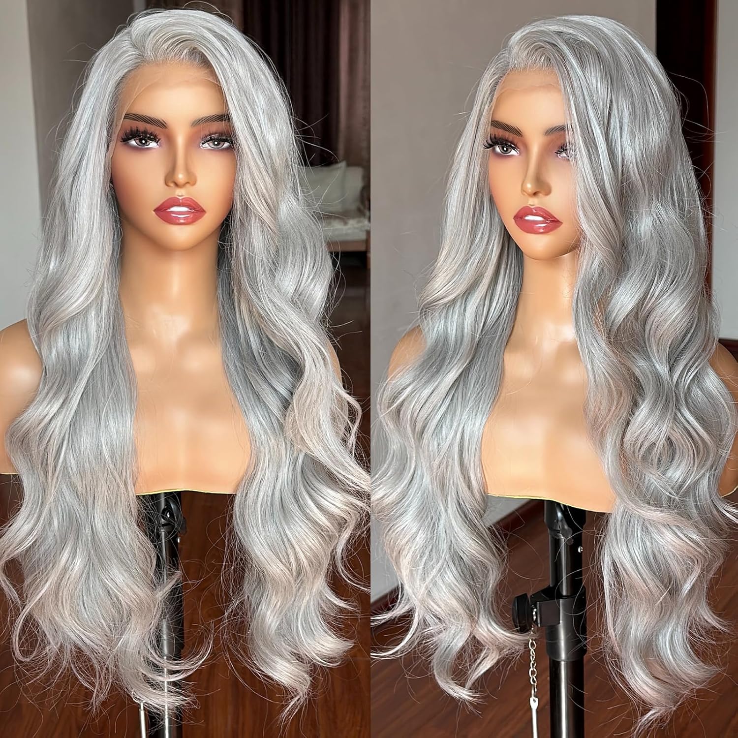 silver grey lace front wig, platinum grey wig long wavy, synthetic silver hair wig, natural grey lace wig for daily wear
Platinum silver grey wavy lace front wig, soft synthetic fiber, natural looking