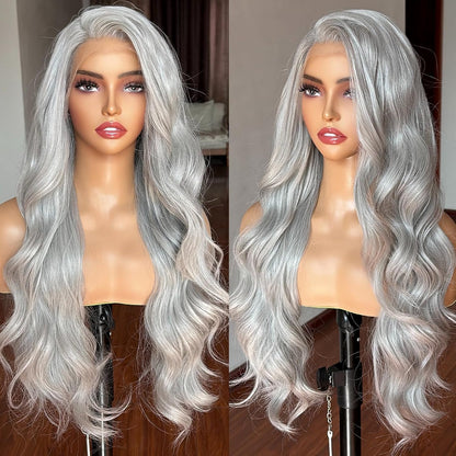 silver grey lace front wig, platinum grey wig long wavy, synthetic silver hair wig, natural grey lace wig for daily wear
Platinum silver grey wavy lace front wig, soft synthetic fiber, natural looking