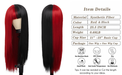 Half Red Half Black Split Dye Hair Wig with Bangs