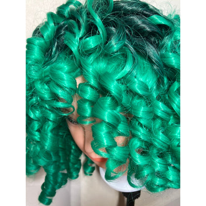 Short Bob Afro Curly Black and Green Wig With Bangs