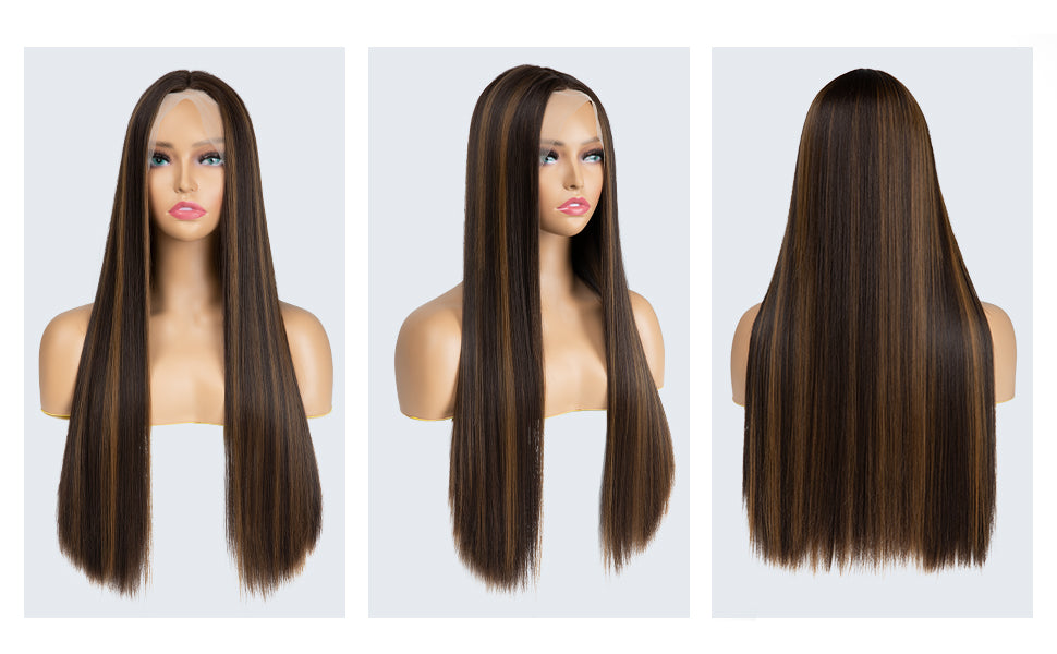 Dark Brown Gold Highlight Lace Front Wig