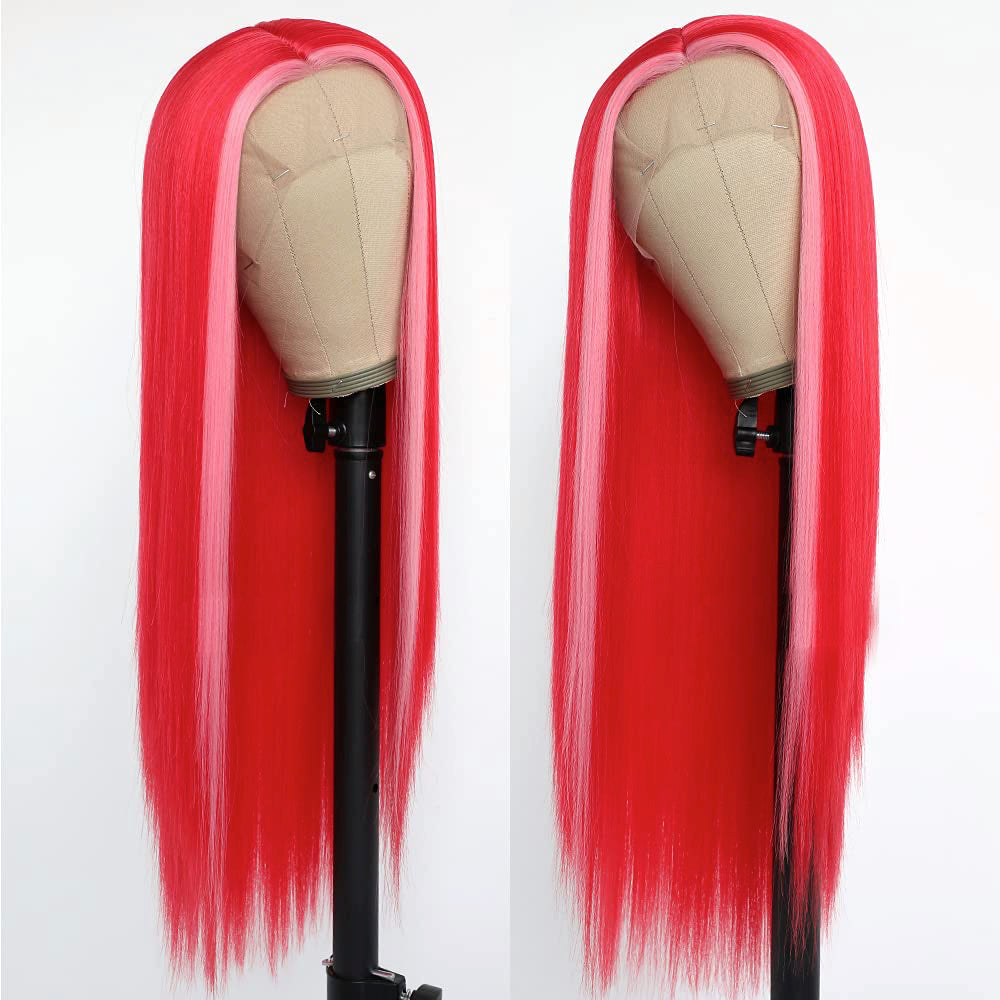 Red Hair With Pink Highlight Lace Front Wigs