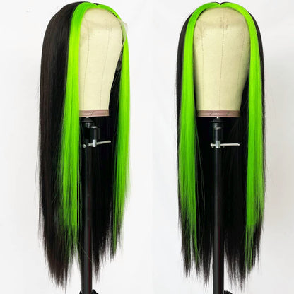 black and green hair  dark green highlights,Fluorescent Green Highlights Light Yaki hair wig,black green hair ombre,black to neon green ombre hair,Neon Green Hair,green highlight hair,wig hairstyles ideas black women,greenhair,splithair,green highlights in black hair, green and black long hair ,green highlights straight wig,light green wig