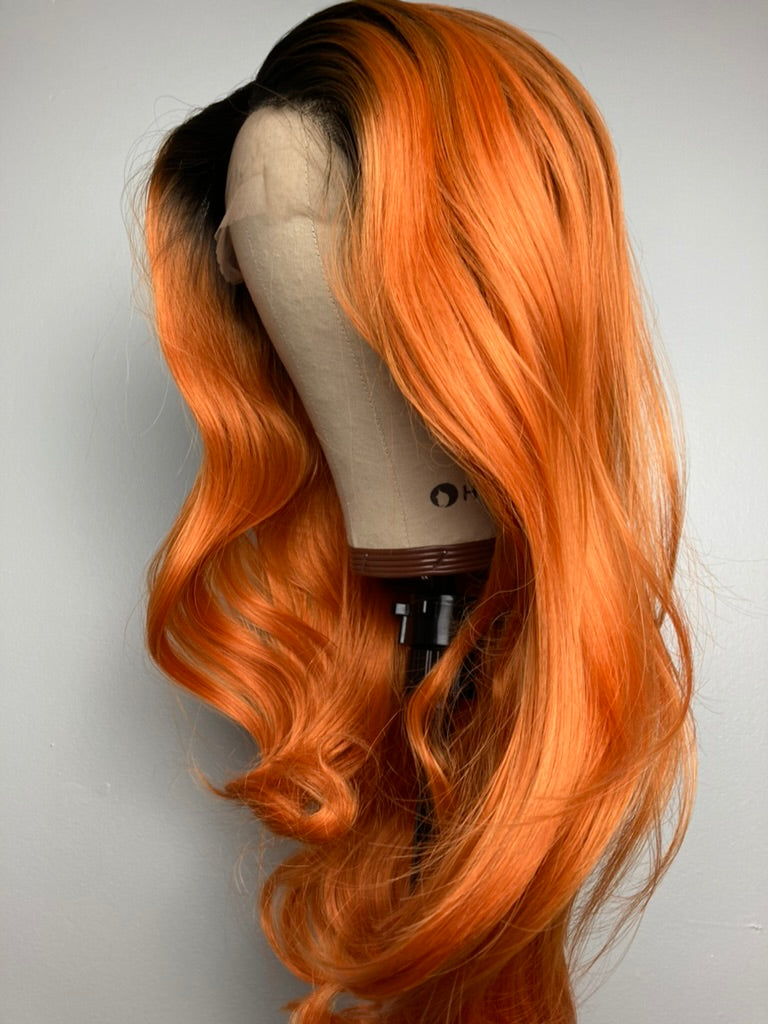 13×4 Lace Front Wigs Ombre Ginger Orange With Black Roots Cooper Hair Color Ginger Color  Wavy Wigs Orange Lace Front Wig Orange Ombré Dark Rooted Orange Cooper Hair Wigs Ginger Spice Color Hair