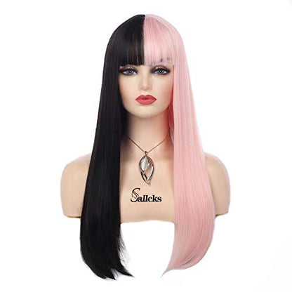 Long Straight Half Black Half Pink Wig