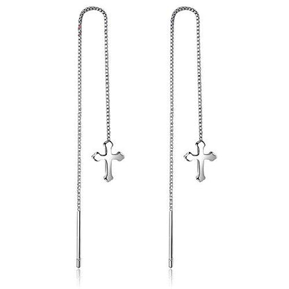 925 Sterling Silver Ear Line Cross Threader Drop Earrings