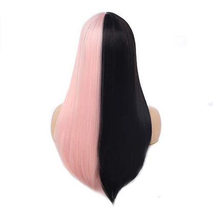 Long Straight Half Black Half Pink Wig