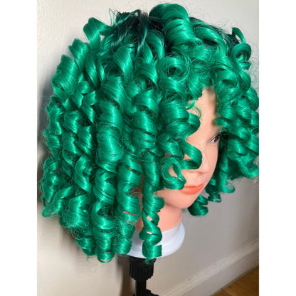 Short Bob Afro Curly Black and Green Wig With Bangs