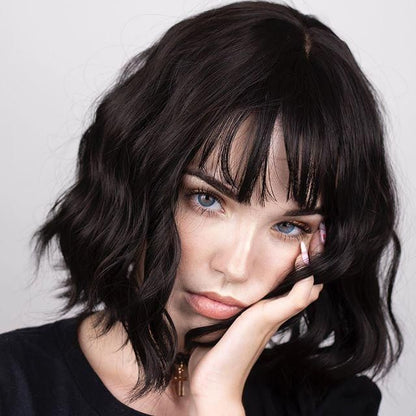 Short Bob Human Hair Body Wavy Wigs with Bangs 12 Inch