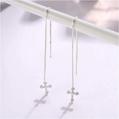 925 Sterling Silver Ear Line Cross Threader Drop Earrings
