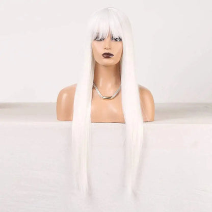 White Long Straight Hair Wigs with Bangs