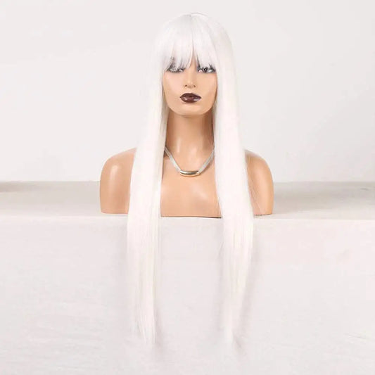 White Long Straight Hair Wigs with Bangs