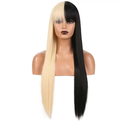 Half Black Half Blonde Hair Wigs with Bangs