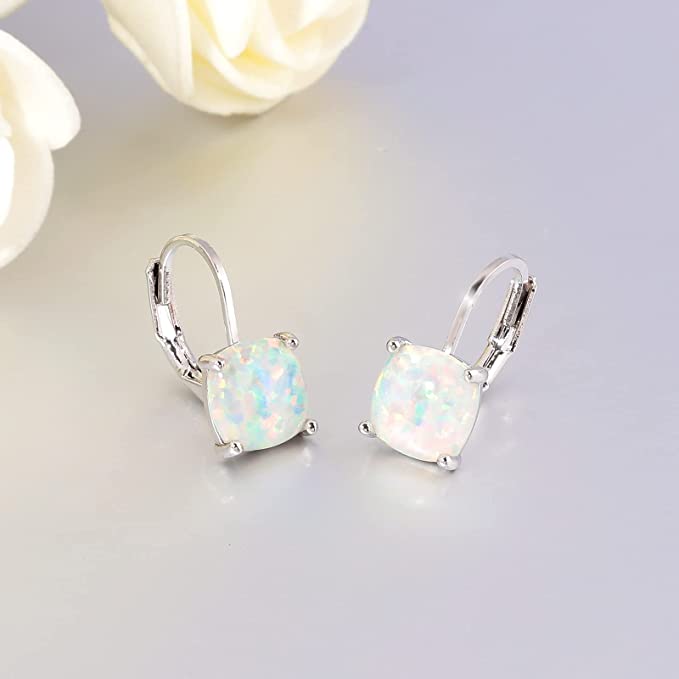 Square Opal Hoops Hanging Lever Earrings