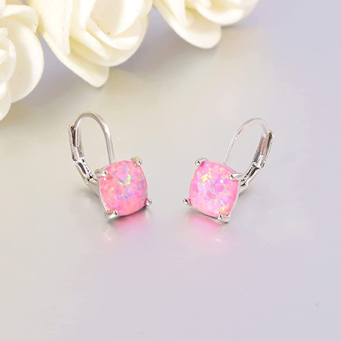 Square Opal Hoops Hanging Lever Earrings
