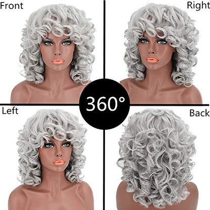 14inch Short Bob Grey Big Curly Wig with Bangs