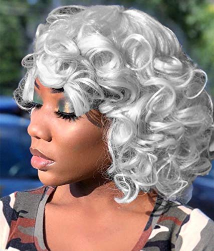 14inch Short Bob Grey Big Curly Wig with Bangs