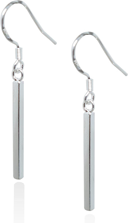 Skinny silver Bars. About 1.80 CM with out hook. Hook Closure with 925 mark stamp. Made of 925 Sterling Silver. Hypoallergenic. Trendy Sterling Silver Earrings. Dainty, Light Weight, Dangling Earring