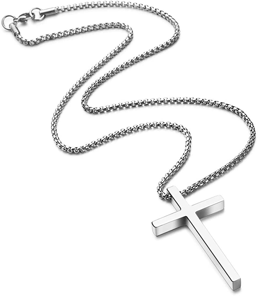 Silver Black Gold Stainless Steel Plain Cross Pendant Necklace for Men Box Chain 