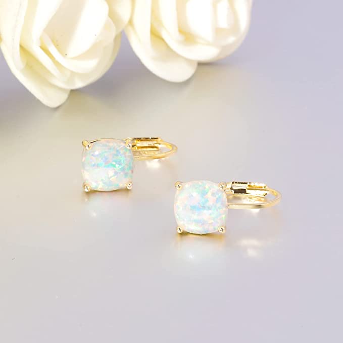 Square Opal Hoops Hanging Lever Earrings