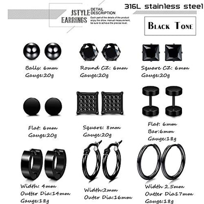 9 Pairs Stainless Steel CZ Stud Earrings for Women Mens