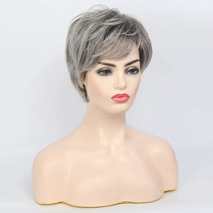 Short Gray Human Hair Blend Wigs