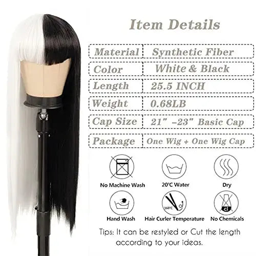 Half White Half Black Split Dye Cosplay Hair Wigs With Bangs