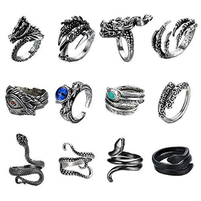 12Pcs Dragon Snake Vintage Punk Rings for Men