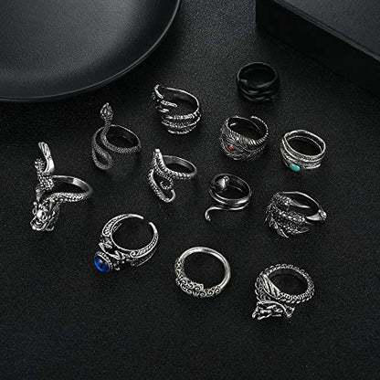 12Pcs Dragon Snake Vintage Punk Rings for Men
