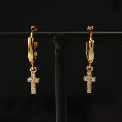 Cross CZ 18K Gold Plated Huggie Small Hoop Earrings