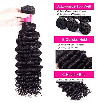 Deep Wave Human Hair  Weave Bundle With Baby Hair