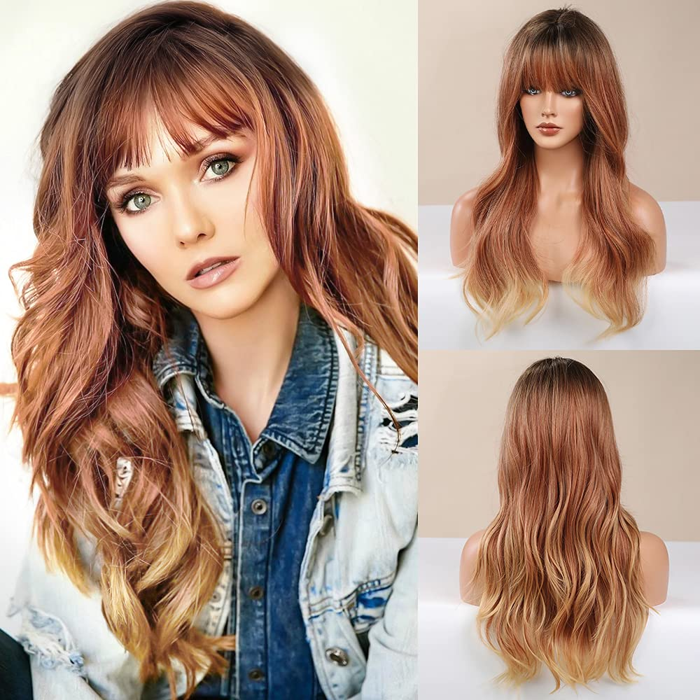Long Wavy Ombre Strawberry Blonde Full Bang Wigs for Women